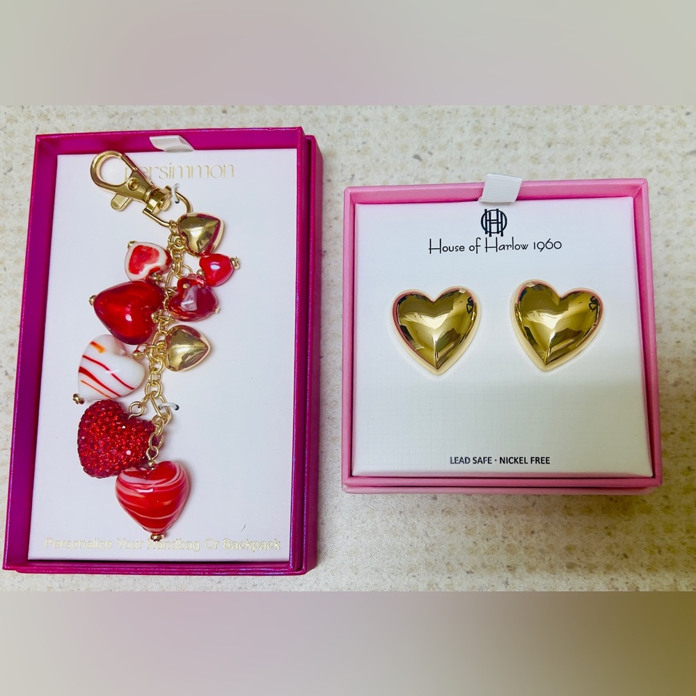 Gold Heart Earrings & Persimmon Heart Bag Charm - Mother’s Day Gift